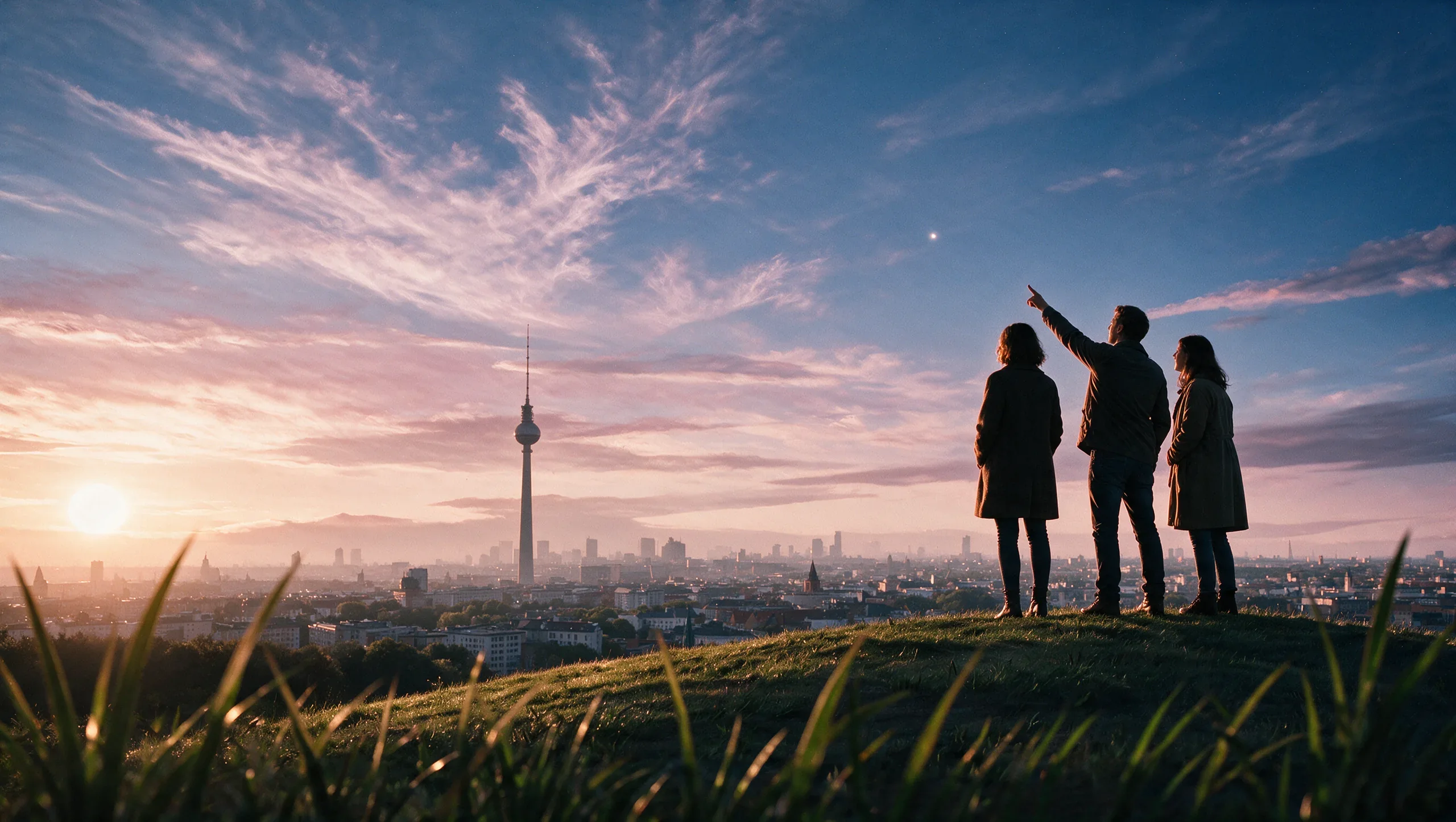 Drei Menschen stehen auf dem Teufelsberg und blicken über Berlin, eine Person zeigt in den Abendhimmel